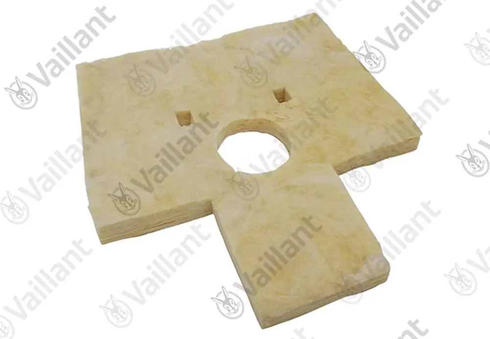 VAILLANT Wärmedämmung mit quadratischer Form, ausgestattet mit einem Loch und zwei kleineren Öffnungen. Beige farbige Oberfläche.